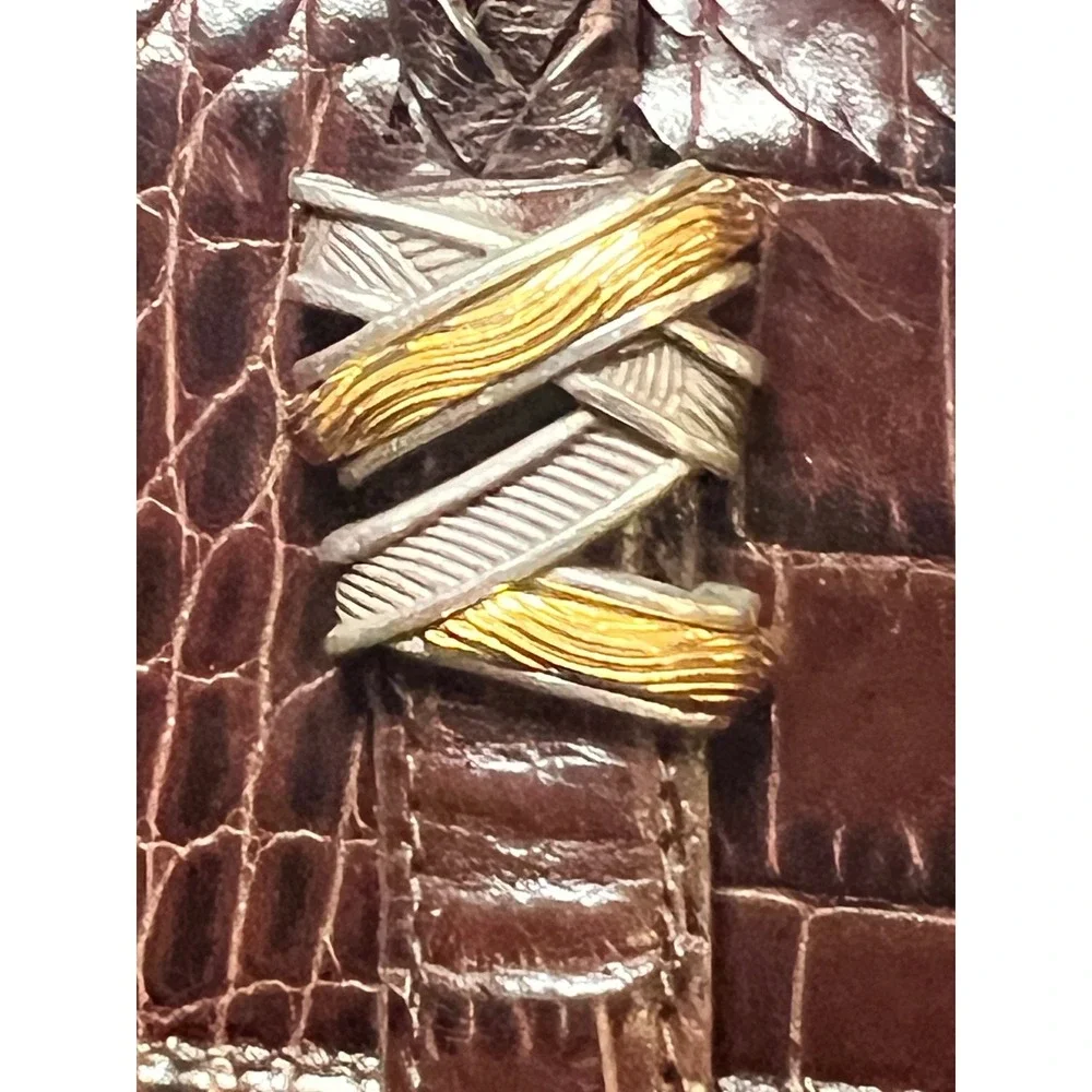 Brighton Black Nylon Brown Croc Embossed Leather Tote Shoulder Bag Braided Strap